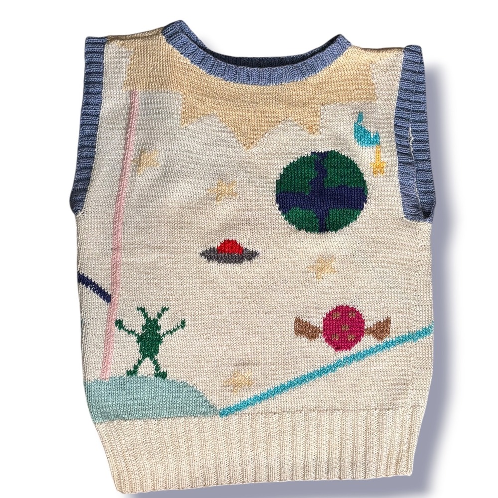 Vintage Berek Hand Knit Outer Space Sweater Vest Planets UFO Alien Cotton Cream